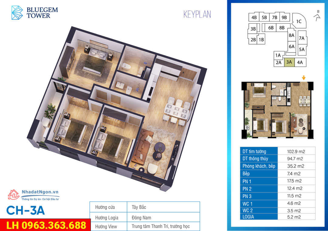 Chính chủ bán căn 1403A BlueGem – 3PN 94,7m² – Giá gốc 5,81 tỷ, bán 6,1 tỷ bao phí